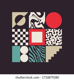 El arte del Brutalismo inspiró patrones vectoriales abstractos hechos con formas y formas geométricas simples. Diseño gráfico en negrita, útil para el arte web, tarjetas de invitación, carteles, impresiones, textil, fondos.