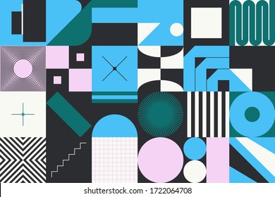 Brutalism art inspired abstract vector pattern made with simple geometric shapes and forms. Bold form graphic design 