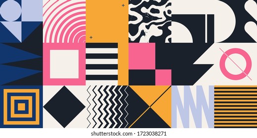 Brutalism art inspired abstract vector pattern made with simple geometric shapes and forms. Bold form graphic design, useful for web art, invitation cards, posters, prints, textile, backgrounds.