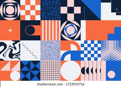Brutalism art inspired abstract vector pattern made with simple geometric shapes and forms. Bold form graphic design, useful for web art, invitation cards, posters, prints, textile, backgrounds.