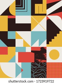 Brutalism art inspired abstract vector pattern made with simple geometric shapes and forms. Bold form graphic design, useful for web art, invitation cards, posters, prints, textile, backgrounds.