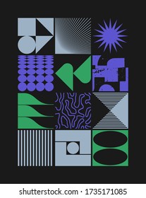 Brutalism art inspired abstract vector pattern made with simple geometric shapes and forms. Bold form graphic design, useful for web art, invitation cards, posters, prints, textile, backgrounds.