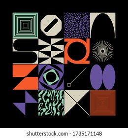 Brutalism art inspired abstract vector pattern made with simple geometric shapes and forms. Bold form graphic design, useful for web art, invitation cards, posters, prints, textile, backgrounds.