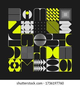 Brutalism art inspired abstract vector pattern made with simple geometric shapes and forms. Bold form graphic design, useful for web art, invitation cards, posters, prints, textile, backgrounds.