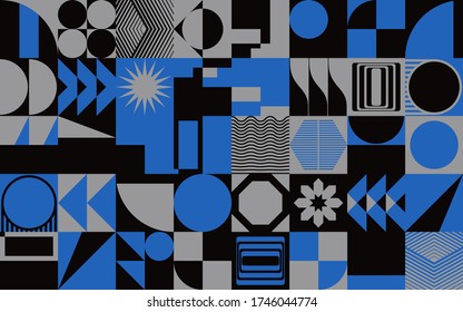 Brutalism art inspired abstract vector pattern made with simple geometric shapes and forms. Bold form graphic design, useful for web art, invitation cards, posters, prints, textile, backgrounds.