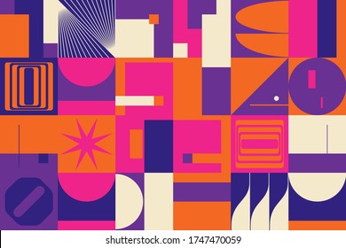 Brutalism art inspired abstract vector pattern made with simple geometric shapes and forms. Bold form graphic design, useful for web art, invitation cards, posters, prints, textile, backgrounds.