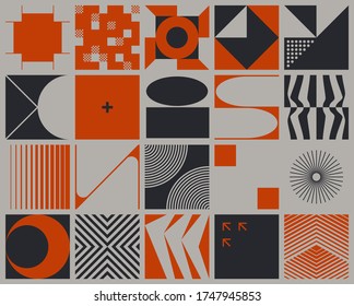 Brutalism art inspired abstract vector pattern made with simple geometric shapes and forms. Bold form graphic design, useful for web art, invitation cards, posters, prints, textile, backgrounds.