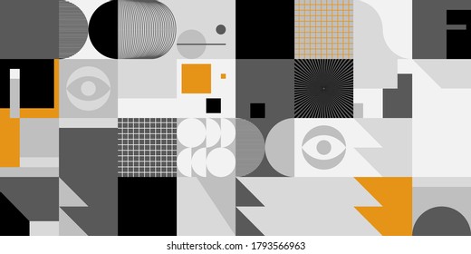 Brutalism art inspired abstract vector pattern made with simple geometric shapes and forms. Bold form graphic design, useful for web art, invitation cards, posters, prints, textile, backgrounds.