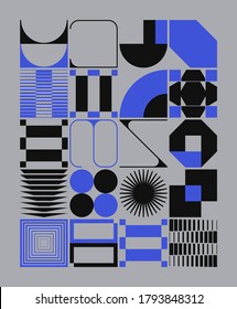 Brutalism art inspired abstract vector pattern made with simple geometric shapes and forms. Bold form graphic design, useful for web art, invitation cards, posters, prints, textile, backgrounds.