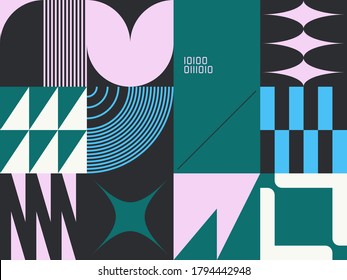 Brutalism art inspired abstract vector pattern made with simple geometric shapes and forms. Bold form graphic design, useful for web art, invitation cards, posters, prints, textile, backgrounds.