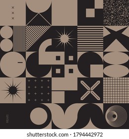 Brutalism art inspired abstract vector pattern made with simple geometric shapes and forms. Bold form graphic design, useful for web art, invitation cards, posters, prints, textile, backgrounds.
