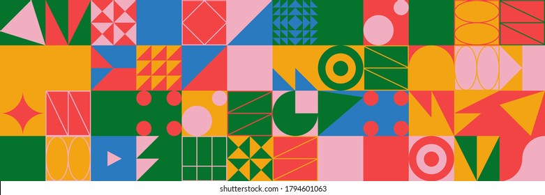 Brutalism art inspired abstract vector pattern made with simple geometric shapes and forms. Bold form graphic design, useful for web art, invitation cards, posters, prints, textile, backgrounds.