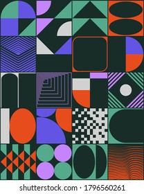 Brutalism art inspired abstract vector pattern made with simple geometric shapes and forms. Bold form graphic design, useful for web art, invitation cards, posters, prints, textile, backgrounds.