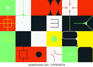 Brutalism art inspired abstract vector pattern made with simple geometric shapes and forms. Bold form graphic design, useful for web art, invitation cards, posters, prints, textile, backgrounds.