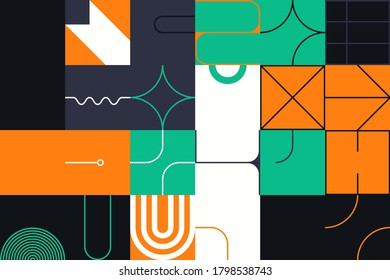 Brutalism art inspired abstract vector pattern made with simple geometric shapes and forms. Bold form graphic design, useful for web art, invitation cards, posters, prints, textile, backgrounds.