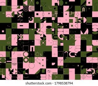 Brutalism art inspired abstract vector pattern made with simple geometric shapes and forms. Bold form graphic design, useful for web art, invitation cards, posters, prints, textile, backgrounds.
