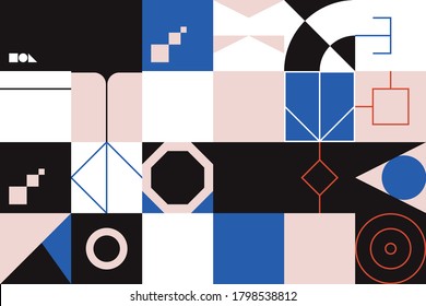 Brutalism art inspired abstract vector pattern made with simple geometric shapes and forms. Bold form graphic design, useful for web art, invitation cards, posters, prints, textile, backgrounds.