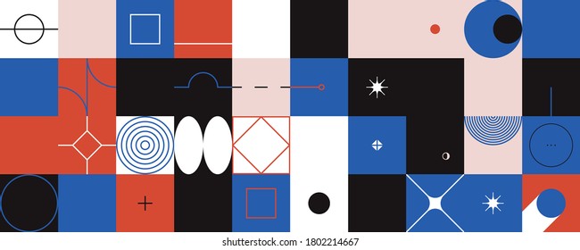Brutalism art inspired abstract vector pattern made with simple geometric shapes and forms. Bold form graphic design, useful for web art, invitation cards, posters, prints, textile, backgrounds.