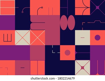 Brutalism art inspired abstract vector pattern made with simple geometric shapes and forms. Bold form graphic design, useful for web art, invitation cards, posters, prints, textile, backgrounds.