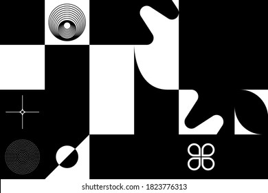 Brutalism art inspired abstract vector pattern made with simple geometric shapes and forms. Bold form graphic design, useful for web art, invitation cards, posters, prints, textile, backgrounds.
