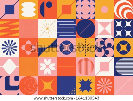 Brutalism art inspired abstract vector pattern made with simple geometric shapes and forms. Bold form graphic design, useful for web art, invitation cards, posters, prints, textile, backgrounds.