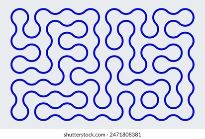 Brutalism background with blue line liquid connected circle dots. metaballs tetris seamless pattern on white. abstarct geometric shapes collection. Point movement flat icon. tileable maze style