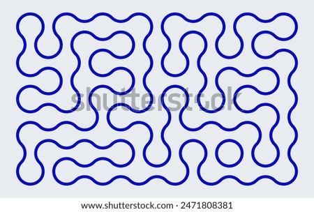 Brutalism background with blue line liquid connected circle dots. metaballs tetris seamless pattern on white. abstarct geometric shapes collection. Point movement flat icon. tileable maze style