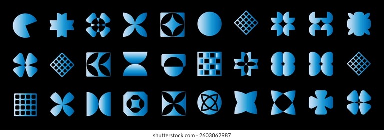 Brutalism colorful Y2K shapes. Kit of led electric laser blue neon lighting. Bright illuminated futuristic form abstract designs and shapes, icons. Swiss design aesthetic.