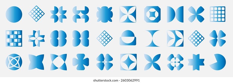 Brutalism colorful Y2K shapes. Kit of led electric laser blue neon lighting. Bright illuminated futuristic form abstract designs and shapes, icons. Swiss design aesthetic.