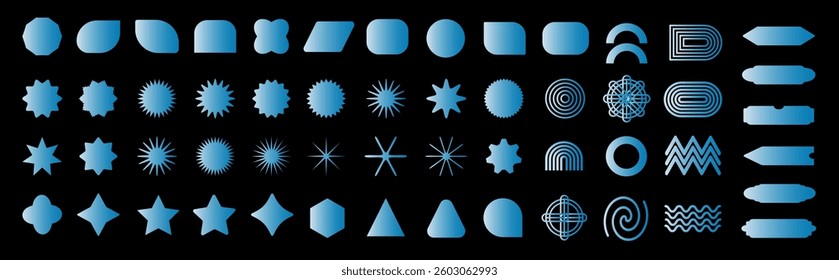 Brutalism colorful Y2K shapes. Kit of led electric laser blue neon lighting. Bright illuminated futuristic form abstract designs and shapes, icons. Swiss design aesthetic.