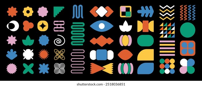 Brutalism colorful Y2K shapes.Brutal Abstract Geometric Shapes Set. Y2k Brutalist Fashion Stickers Collection. Vector Illustration