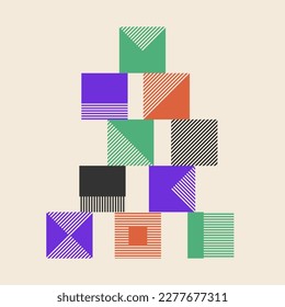 Brutalism design geometric shapes tower, pyramid. Vector illustration about building, team work, creative for banner, flyer.