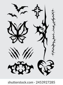 brutalism element collection set ornament poster, tattoo, tribal illustration vector creepy icon, symbol sick editable