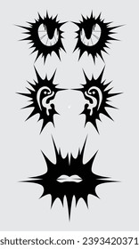 Brutalism element shape asset acid poster, tattoo, tribal illustration vector eyes and lips icon, symbol sick editable