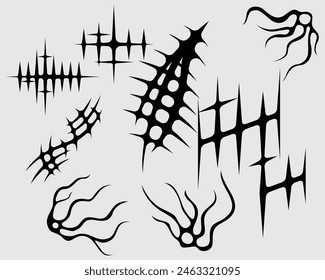 Elemento de brutalismo agudo puntiagudo forma de tatuaje tribal conjunto de colección de ácido cartel, ilustración Vector espeluznante símbolo enfermo editable