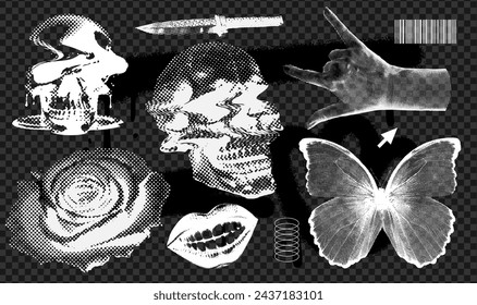 Brutalism elements with a negative photocopy effect. Black and white butterfly, melting skull, rock gesture hand, mouth and rose. Y2k elements for design. Grain effect stippling. Vector dots texture.