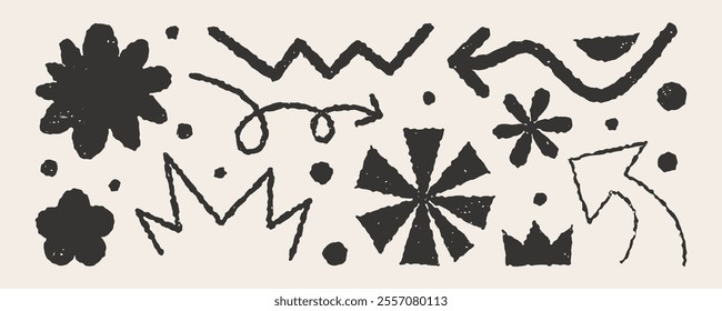 Brutalism geometric abstract shape elements with texture rough. Monochrome color modern design.