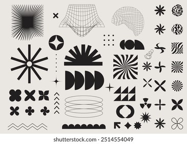 Brutalism geometric elements Brutalist abstract geometric shapes and grids. Brutal contemporary figure star oval spiral flower and other primitive elements. Swiss design aesthetic. Bauhaus memphis 