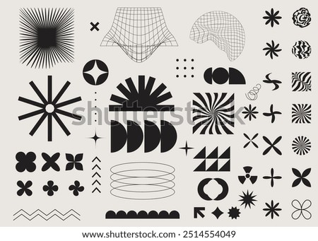 Brutalism geometric elements Brutalist abstract geometric shapes and grids. Brutal contemporary figure star oval spiral flower and other primitive elements. Swiss design aesthetic. Bauhaus memphis 
