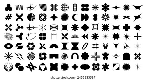 Brutalism geometric figures and futuristic Y2K abstract shapes, vector icons. Abstract and simple primitive shape elements of star, sun or triangle and cubes with wave and spiral for Brutalism pattern