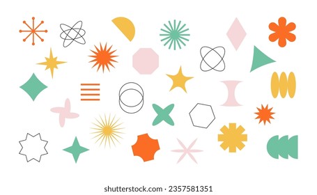 Brutalism geometric graphic element set. Abstract minimal bauhaus shape icon vector illustration. Contemporary circle, flower, retro figure, simple form, flat memphis pattern isolated on white