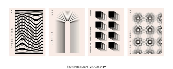 Brutalism geometric poster. Minimal poster design with abstract waves, arches, cubes and circle patterns. Modern banner template for presentations and covers. Vector illustration.