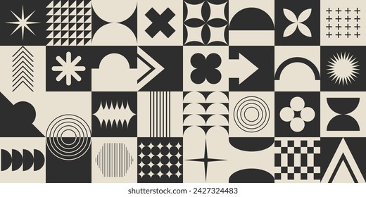 Brutalism geometric seamless pattern. Vector abstract monochrome basic shapes retro y2k background