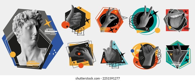 Brutalism gesture icons set abstract modern bauhaus style. Hands with super sign, peace, love and face of David. Vector illustration