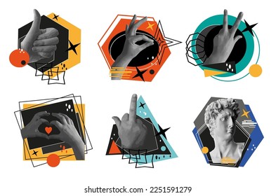 Brutalism gesture icons set abstract modern bauhaus style. Hands with super sign, peace, love and face of David. Vector illustration