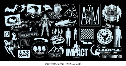 Brutalism graphic elements. Retro-futuristic 3D grunge shapes for design, geometric universal shape for merch, fake logo with silhouette of people. Vector set