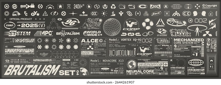 Brutalism graphic pack. Fake logos, icons, tech labels and monochrome stickers in futuristic Y2K style. Cyberpunk visual elements for UI, posters, apparel and design projects. Vector set