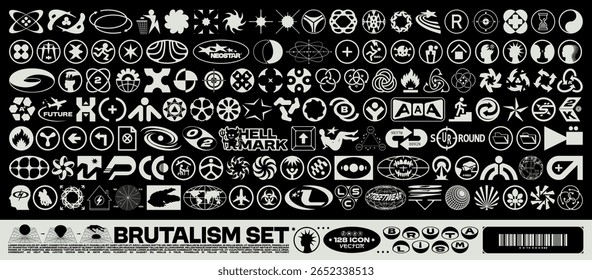 Ícone de brutalismo abstrato formas. Logotipos, símbolos techno e elementos gráficos falsos. Estilo retrô Y2K streetwear para cartaz, adesivo, rótulo ou design de interface do usuário. Conjunto de vetores