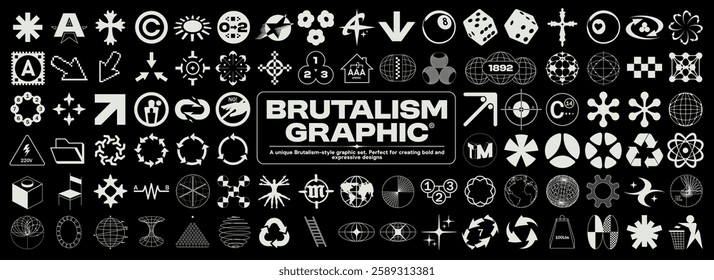 Brutalism icon graphic. Geometric wireframe symbols, retro elements, planets, 3D Y2K vintage design, blanks for a poster, banner, business card. Vector set