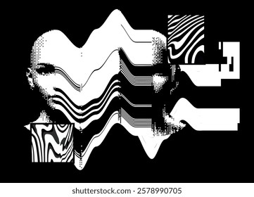 Brutalism inspired collage of a pixelated image of a human face, geometric grunge textures on a dark background. Perfect vector illustration for a poster or cover for a tech related event.